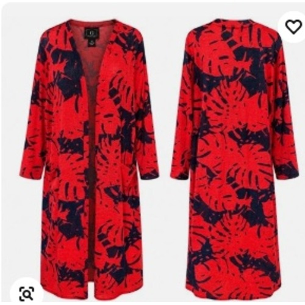 G by Giuliana Red Black Monstera Leaf Print Longline Duster Cardigan Small Artsy